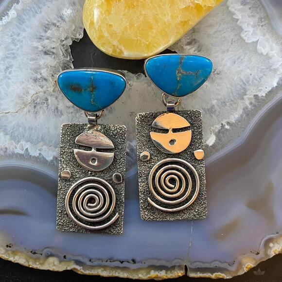 Alex Sanchez Native American Sterling Turquoise Petroglyph Dangle Earrings #2 - Picture 2 of 10